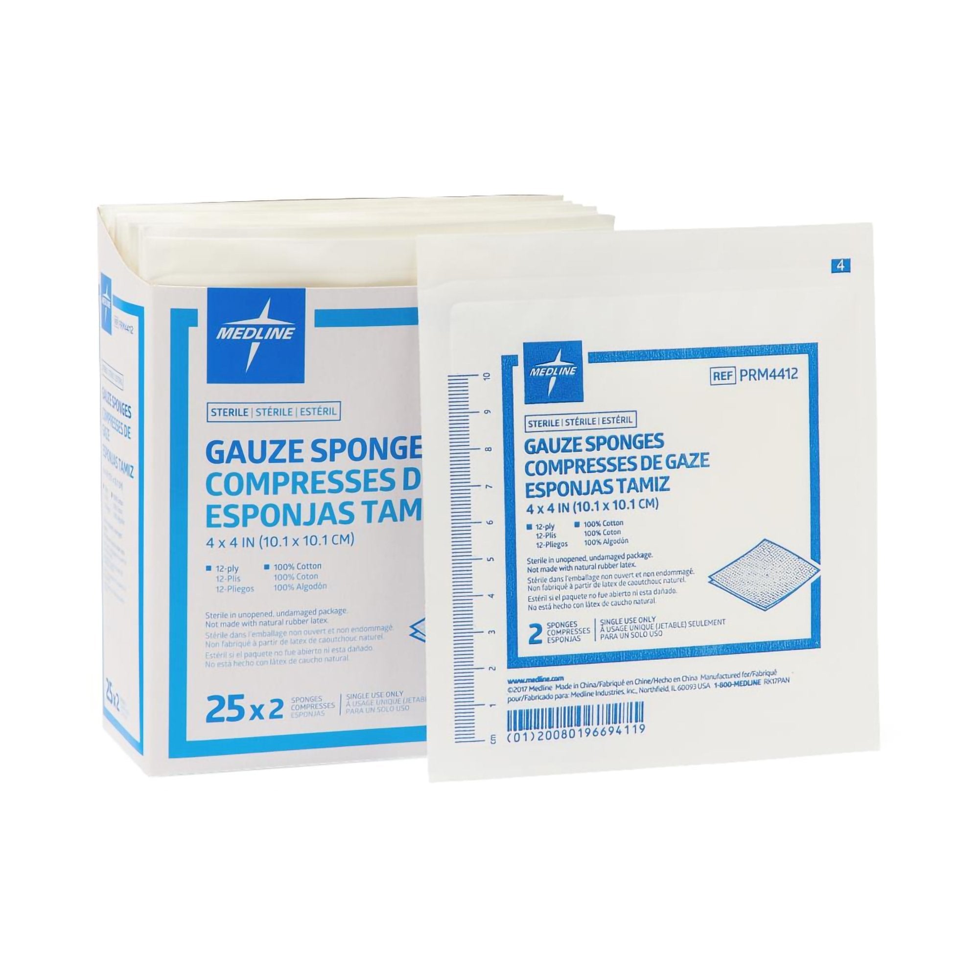 Medline - Gauze Sponge Medline Essentials 4 X 4 Inch 12-Ply Sterile 2 per Pack [600/CS]