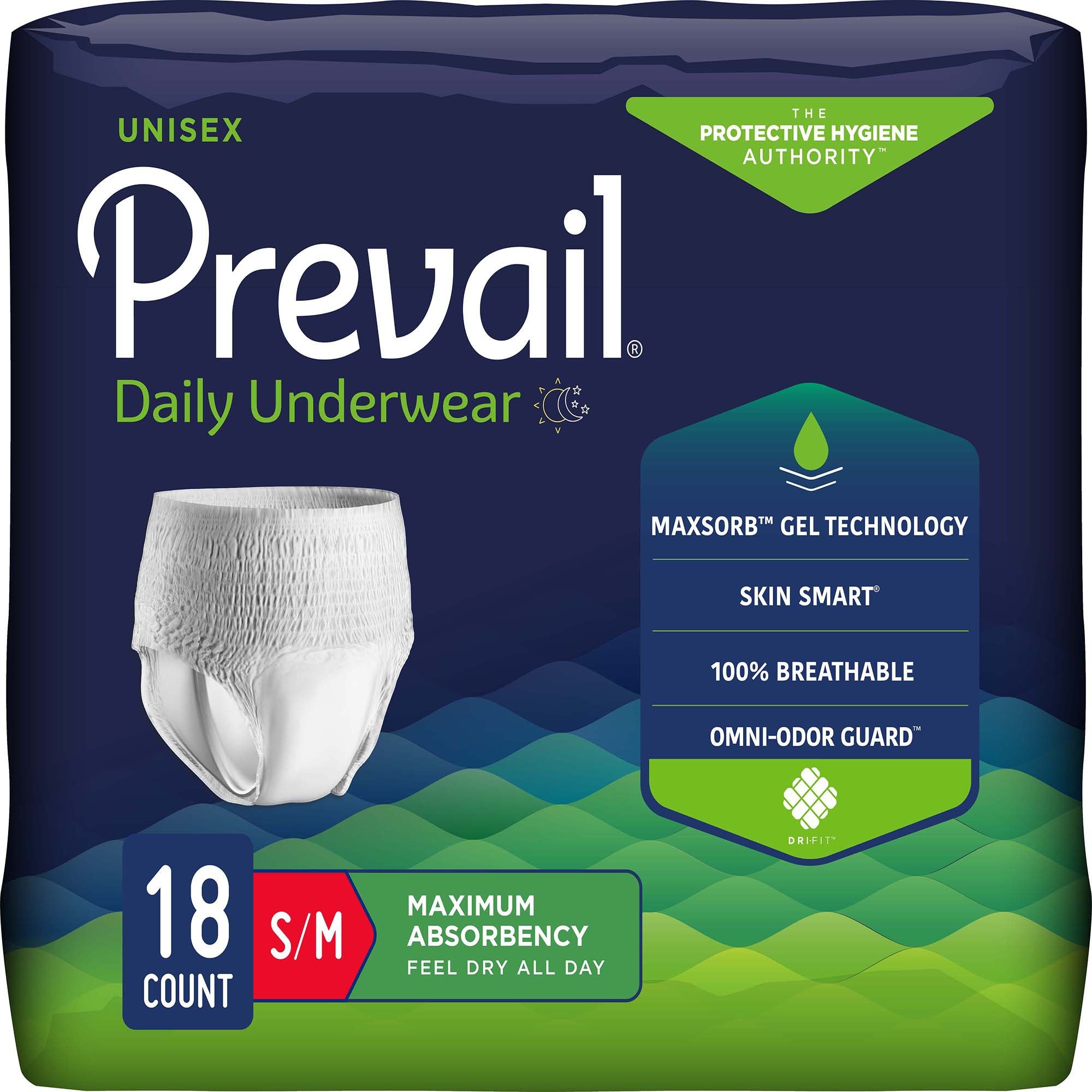 First Quality - Unisex Adult Absorbent Underwear Prevail® Daily Underwear Maximum Pull On with Tear Away Seams Small / Medium Disposable Heavy Absorbency [72/CS]