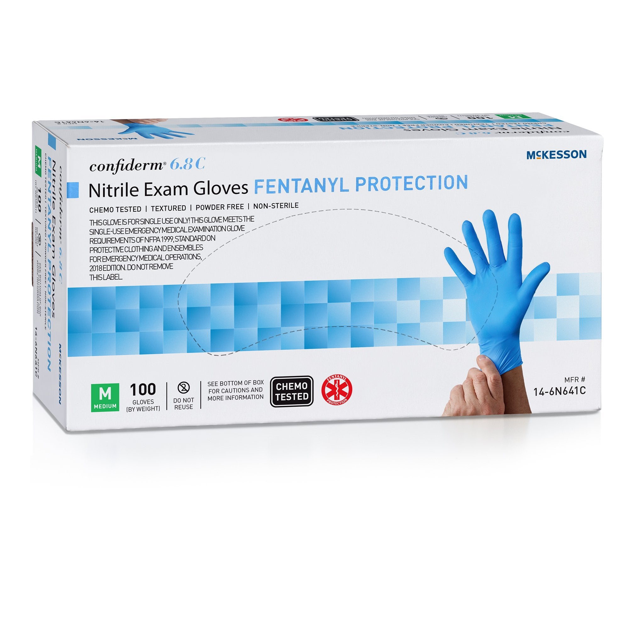 McKesson Brand - Exam Glove McKesson Confiderm® 6.8C Medium NonSterile Nitrile Standard Cuff Length Fully Textured Blue Chemo Tested / Fentanyl Tested [1000/CS]