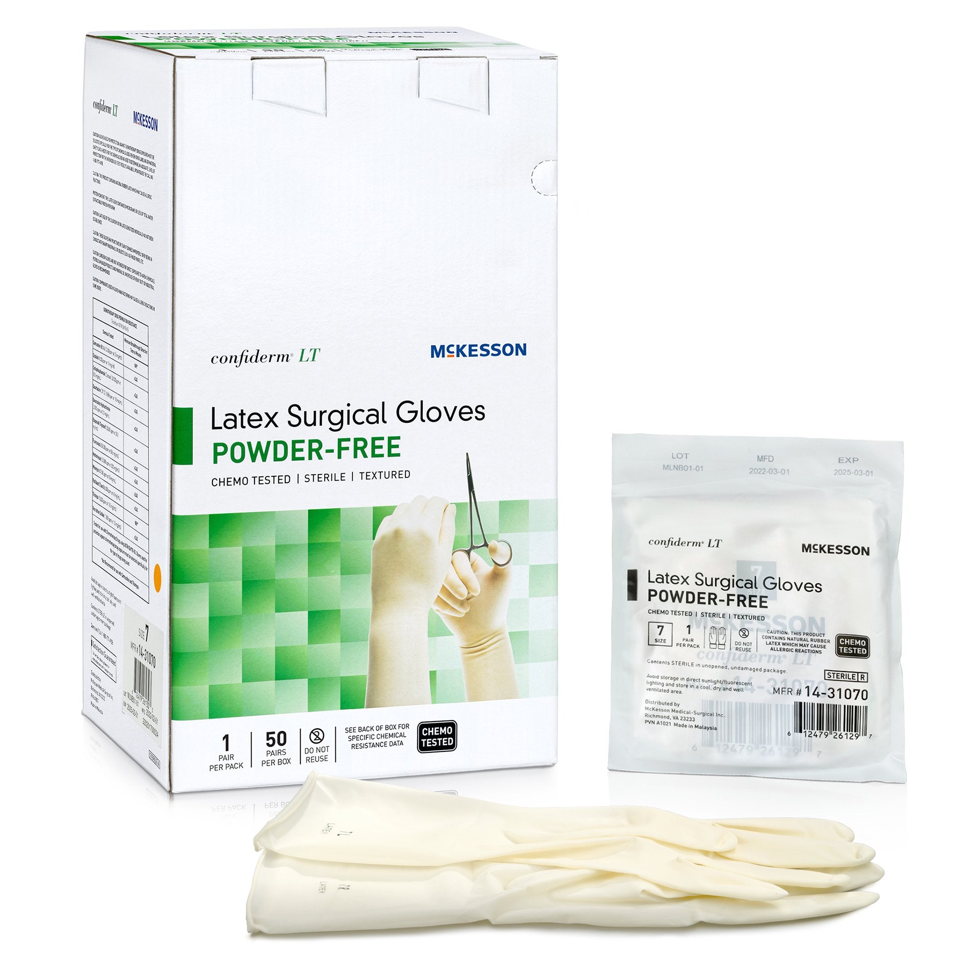 McKesson Brand - Surgical Glove Confiderm® LT Size 7 Sterile Latex Standard Cuff Length Fully Textured Ivory Chemo Tested [200/CS]