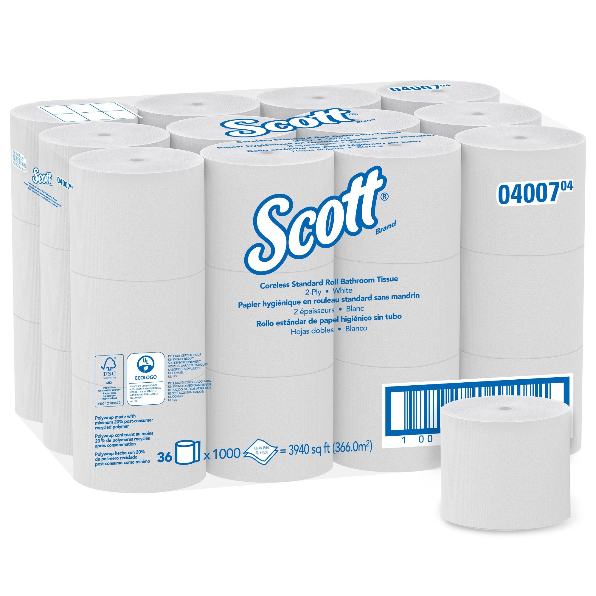 Kimberly Clark - Toilet Tissue Scott® Essential White 2-Ply Standard Size Coreless Roll 1000 Sheets 3-9/10 X 4 Inch [36/CS]