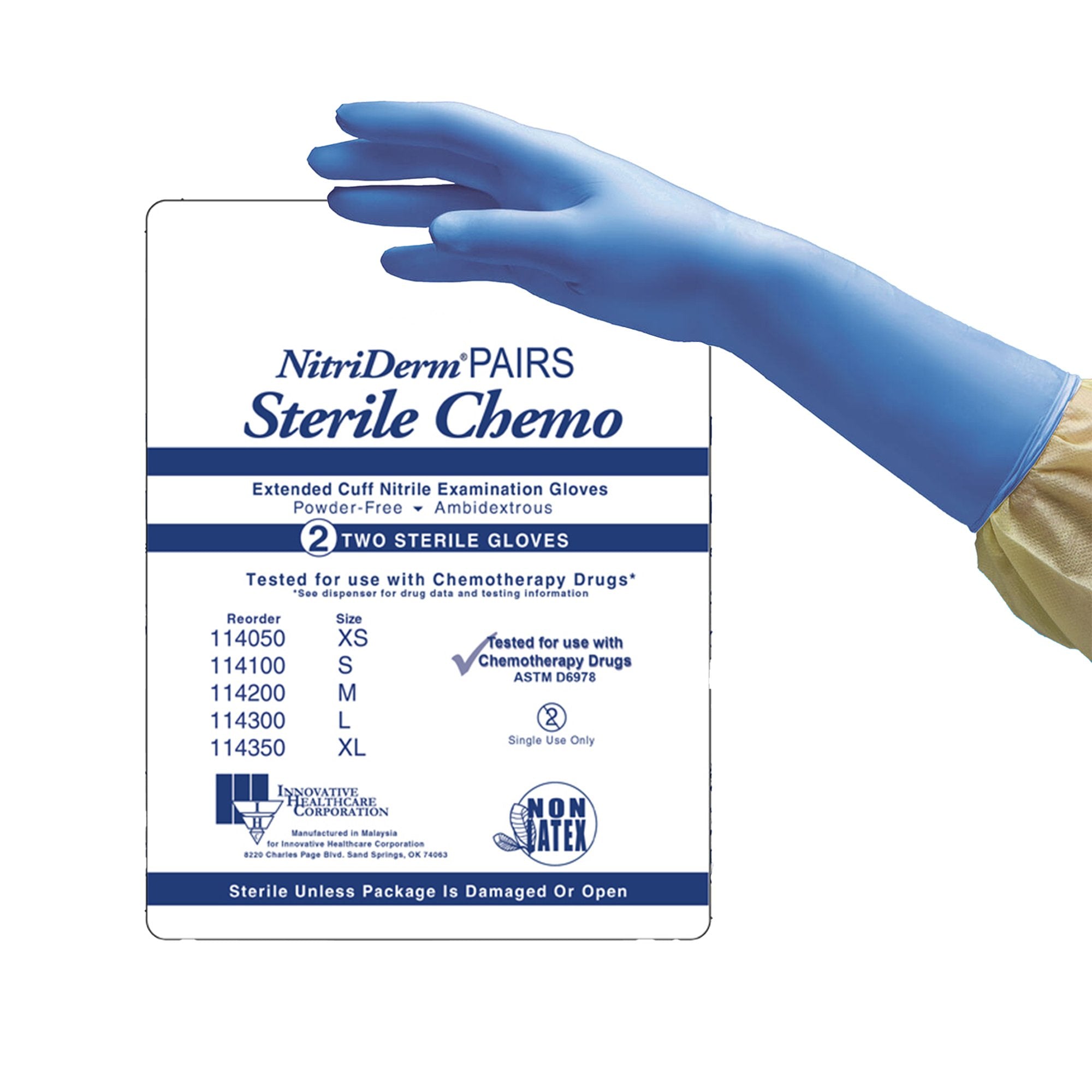 Innovative Healthcare Corp - Exam Glove NitriDerm® EC Medium Sterile Pair Nitrile Extended Cuff Length Smooth Blue Chemo Tested [200/CS]